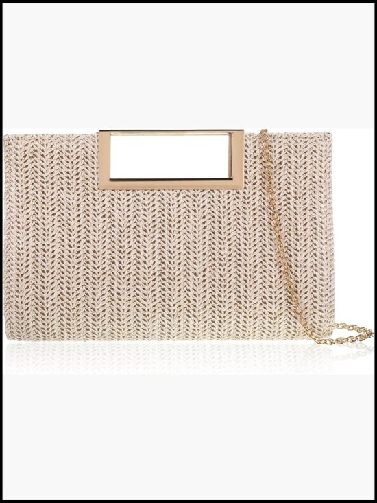 Handbags - Straw Clutch Purse Boho Woven Beach Handbag with Top Handle & Shoulder Chain